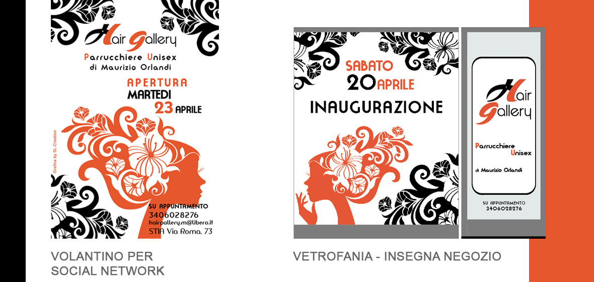hair gallery - vetrofania e volantino